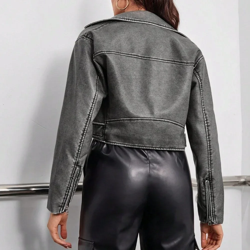Grey Casual Womens Zip Up Belted Moto Jacket